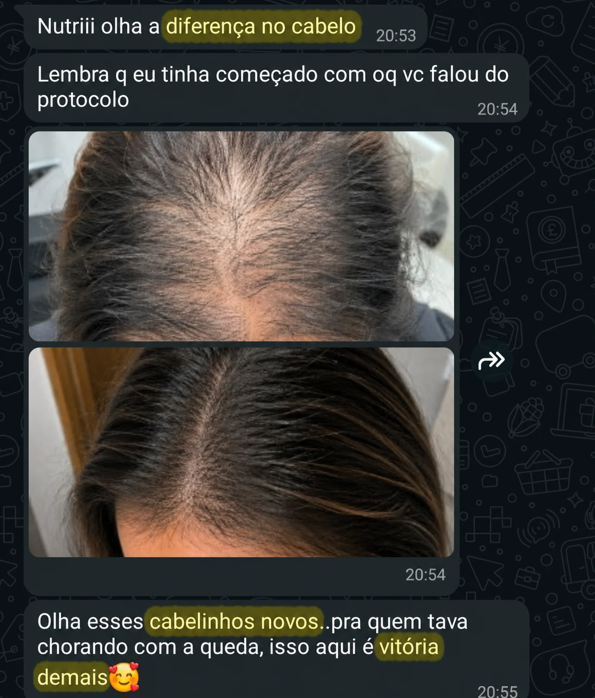 Depoimento mostrando a melhora da queda de cabelo e o crescimento de novos fios