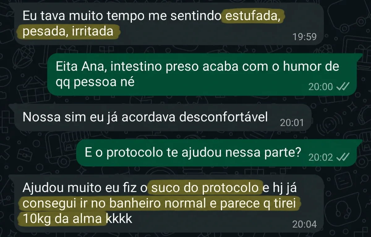 Depoimento destacando a melhora do intestino preso com o protocolo