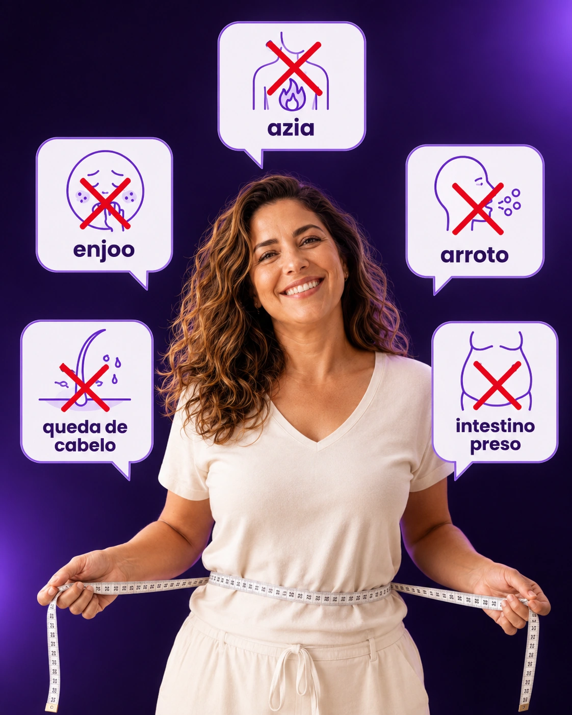 Mulher sorrindo após aliviar sintomas como enjoo, azia, arroto, queda de cabelo e intestino preso